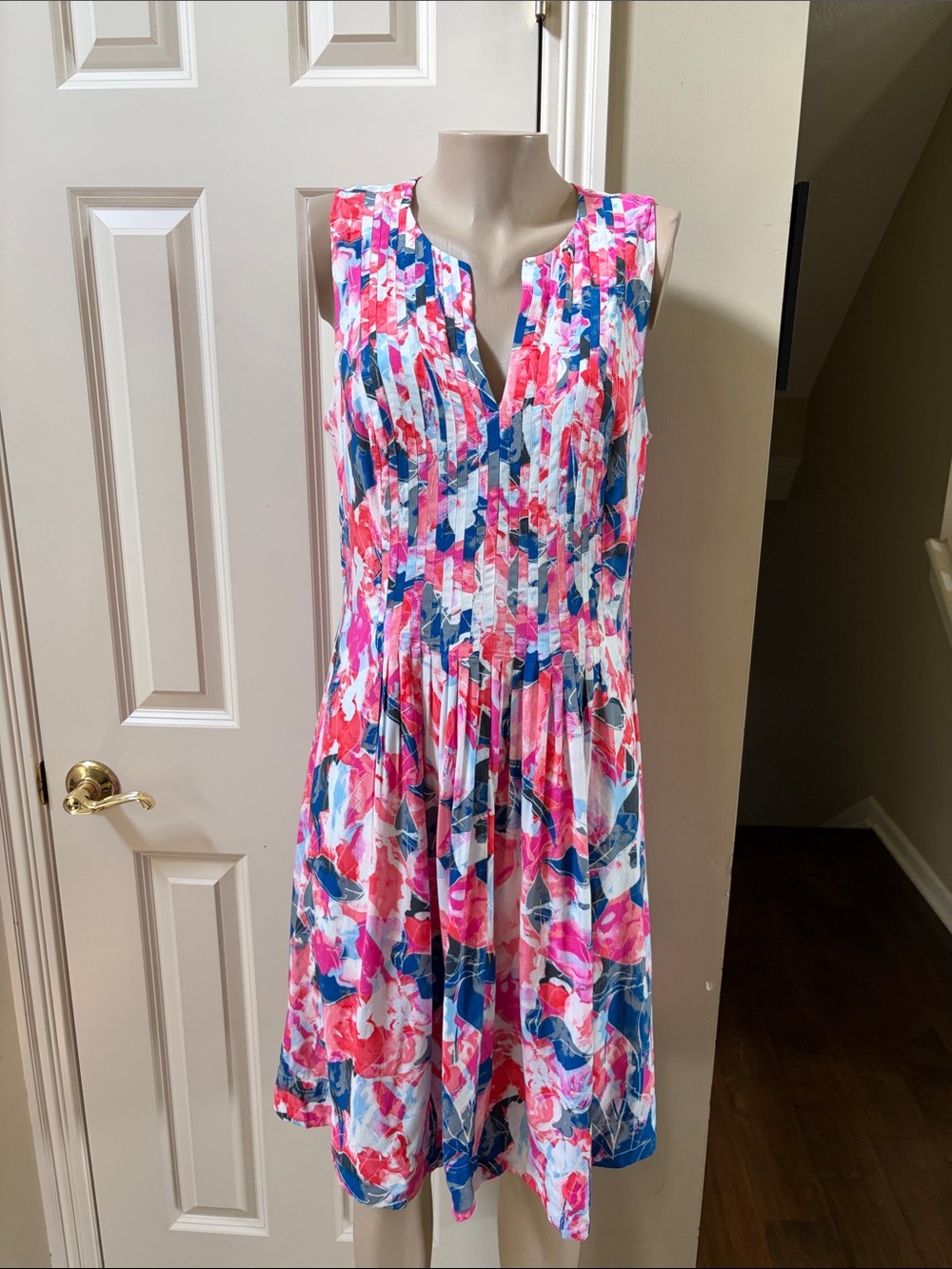 NWT NYDJ Pink & Blue Floral Pleated Sleeveless Dress, 14